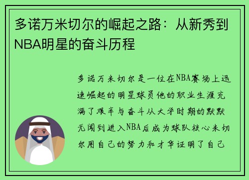 多诺万米切尔的崛起之路：从新秀到NBA明星的奋斗历程