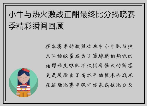 小牛与热火激战正酣最终比分揭晓赛季精彩瞬间回顾